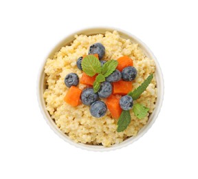 Photo of Tasty millet porridge with blueberries, pumpkin and mint in bowl isolated on white, top view