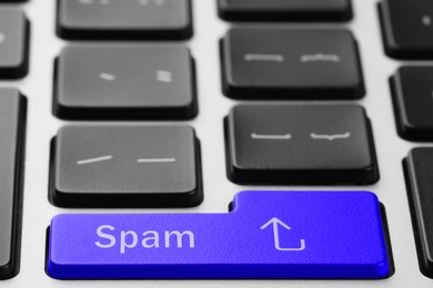 Blue button with word Spam on computer keyboard, closeup