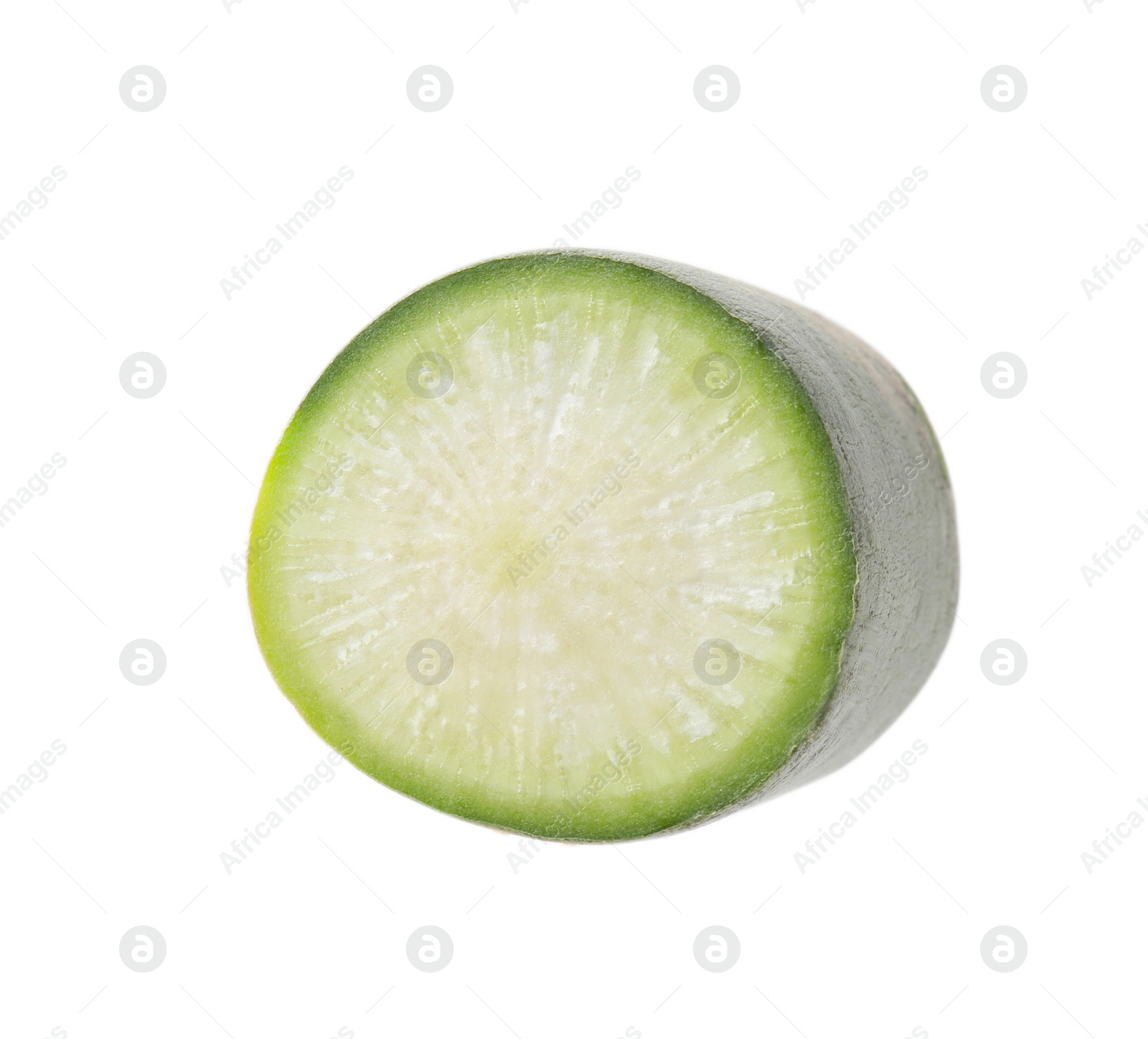 Photo of Cut green daikon radish isolated on white