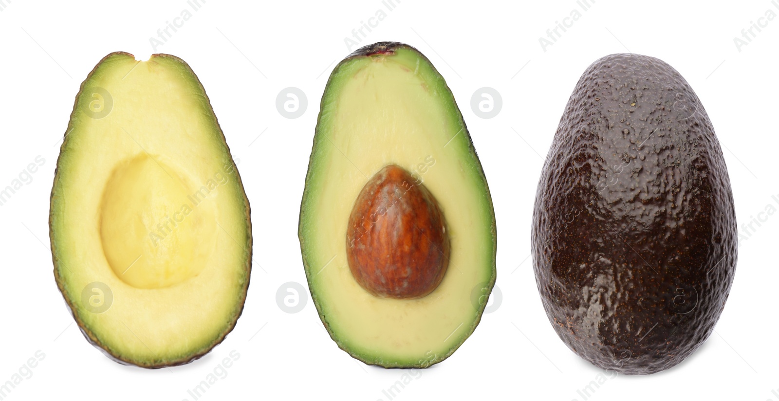 Image of Set of ripe avocados on white background. Banner design