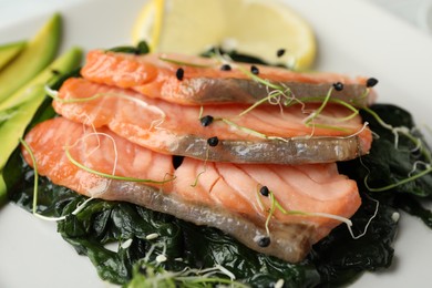 Photo of Tasty freshly cooked salmon with spinach, closeup