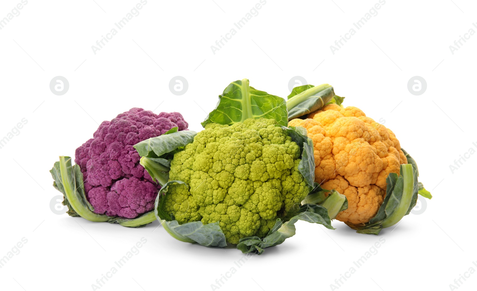 Photo of Colorful cauliflower cabbages on white background. Healthy food