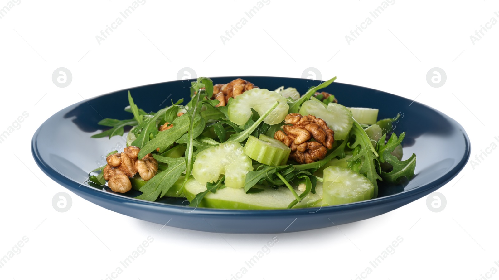 Photo of Delicious fresh celery salad isolated on white