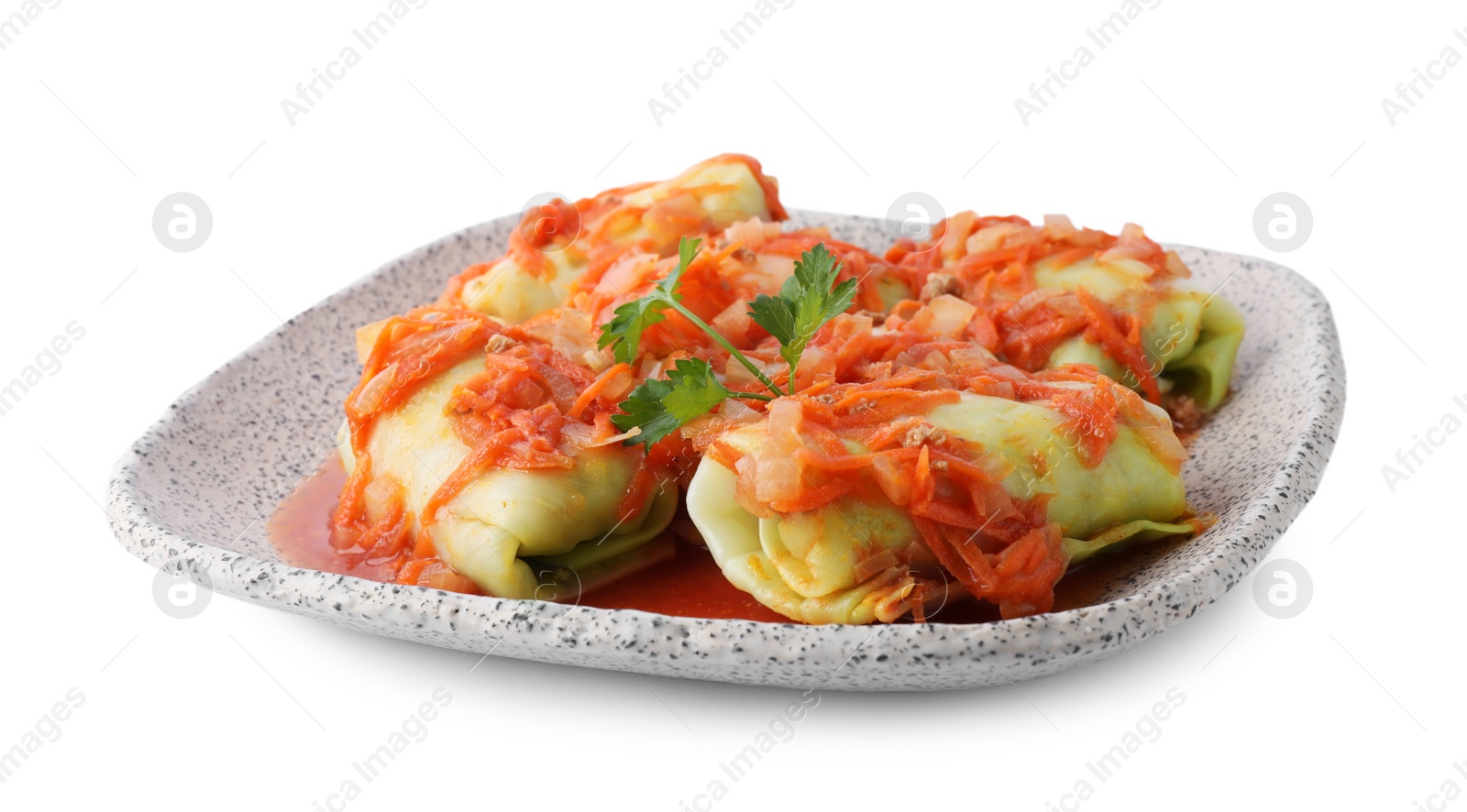 Photo of Delicious cabbage rolls with sauce isolated on white