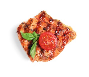 Tasty grilled salmon with basil and tomato on white background, top view