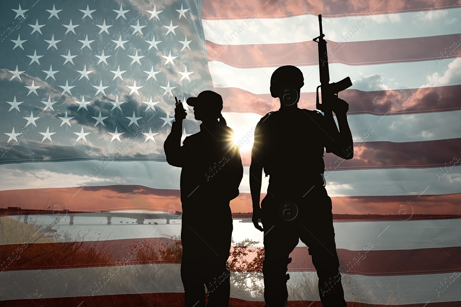 Image of Double exposure with silhouettes of soldiers and American flag. Military service