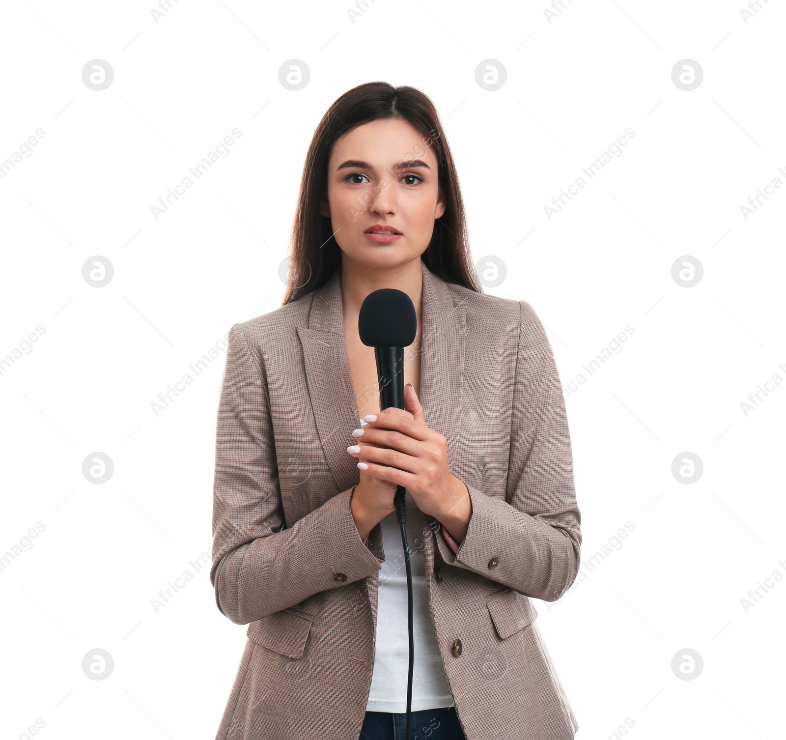 Photo of Young female journalist with microphone on white background