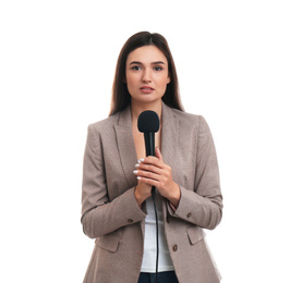 Photo of Young female journalist with microphone on white background