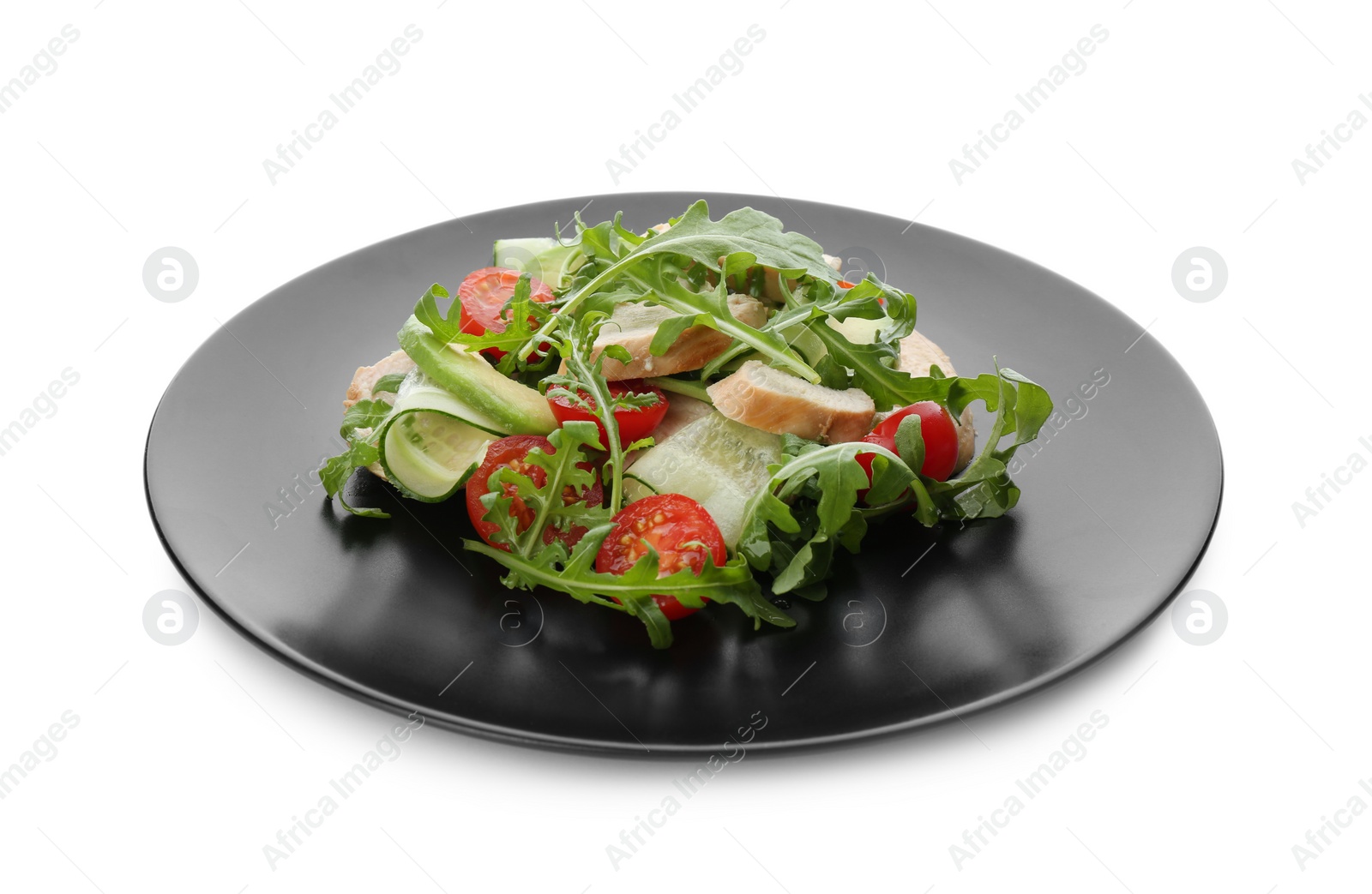 Photo of Delicious salad with chicken, vegetables and arugula isolated on white