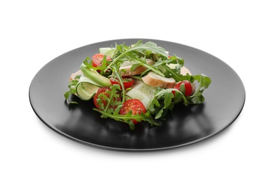 Photo of Delicious salad with chicken, vegetables and arugula isolated on white