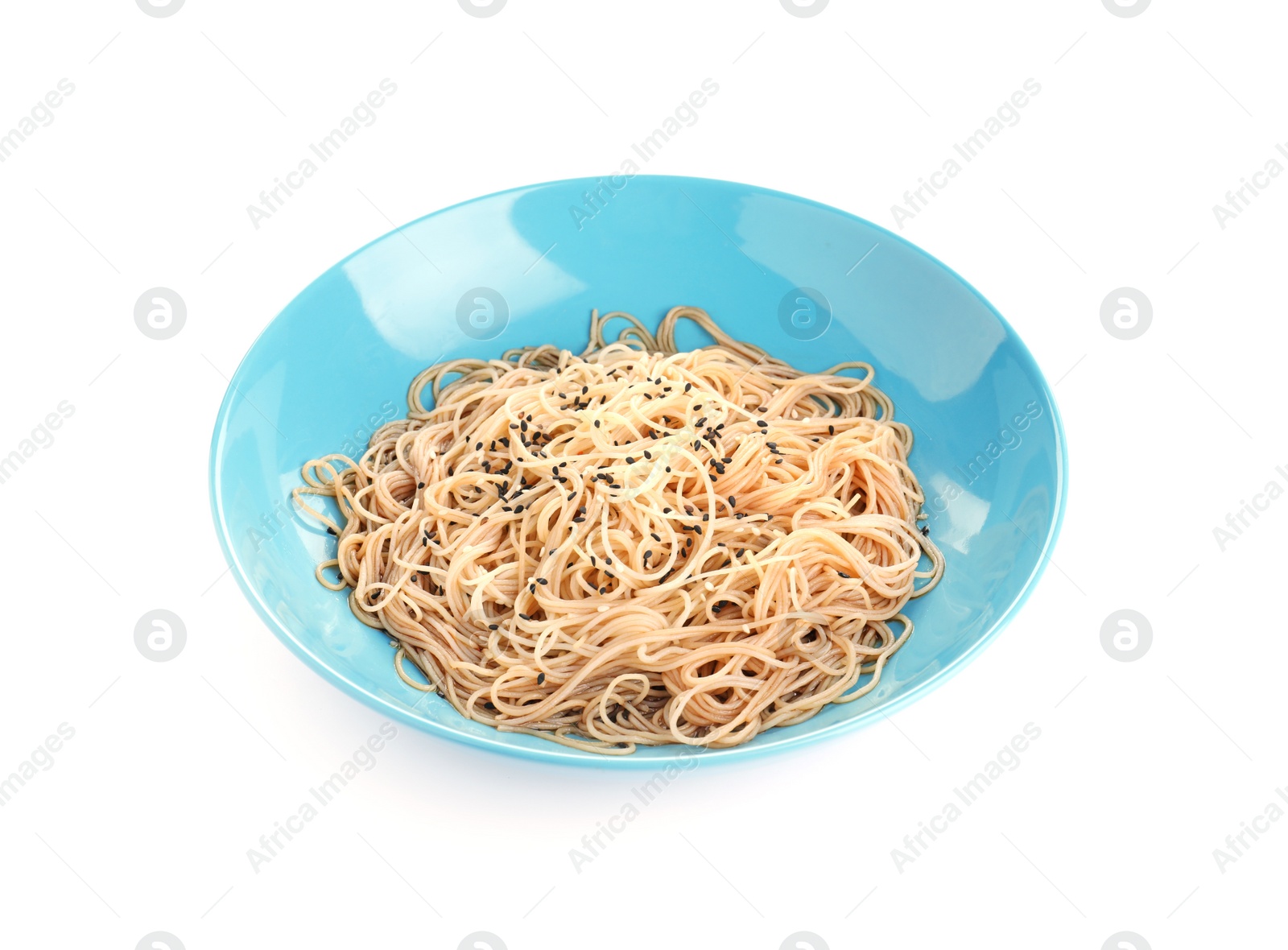 Photo of Plate of noodles with sesame isolated on white