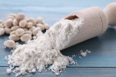 Photo of Kidney bean flour and seeds on light blue wooden table, closeup