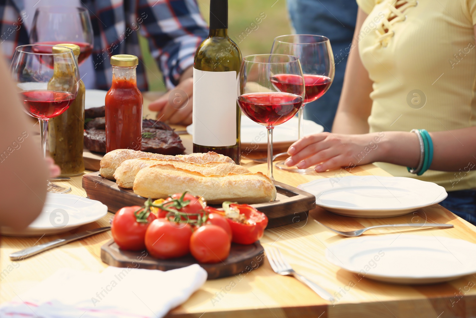 Photo of Young people having picnic at table outdoors