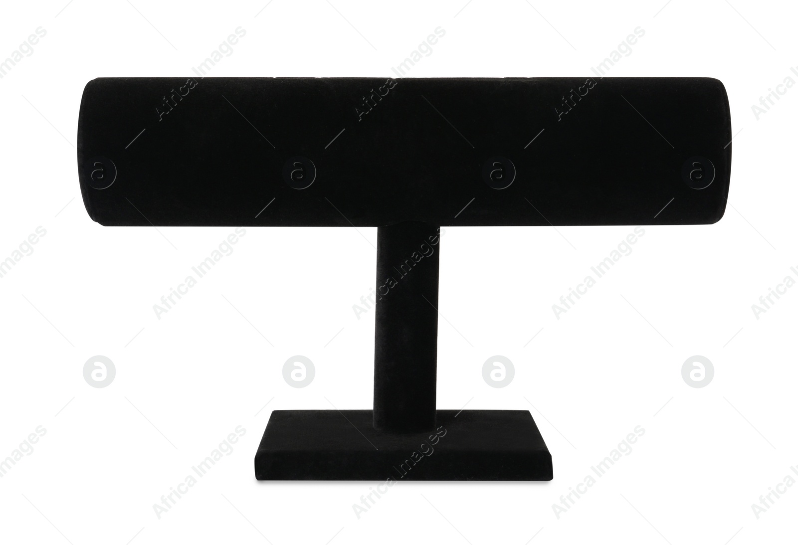 Photo of Empty black velvet t-bar jewelry stand isolated on white