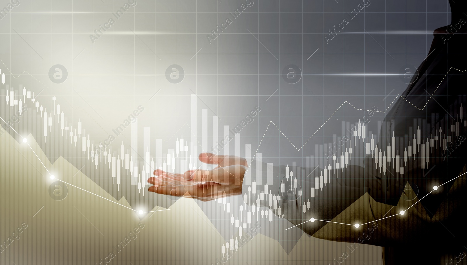 Image of Forex trading. Double exposure of woman and charts