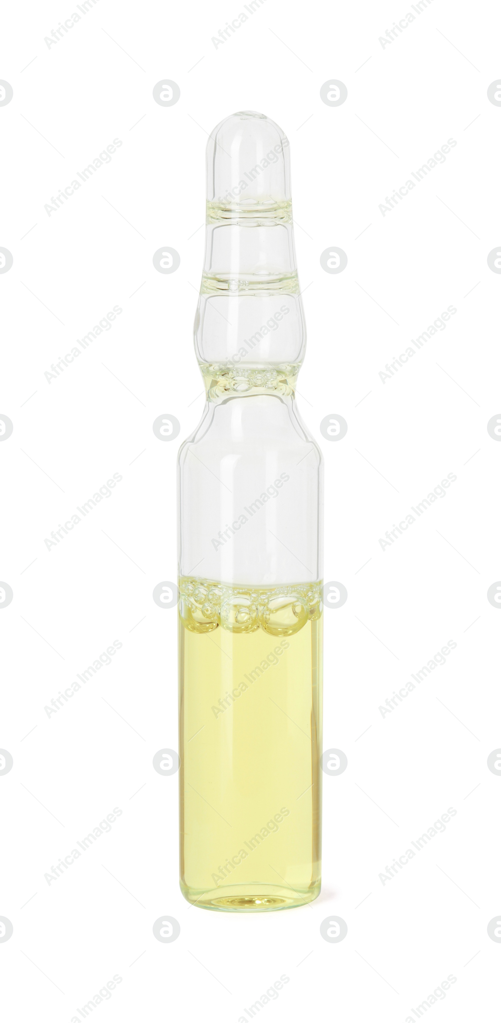 Photo of One glass ampoule with liquid isolated on white