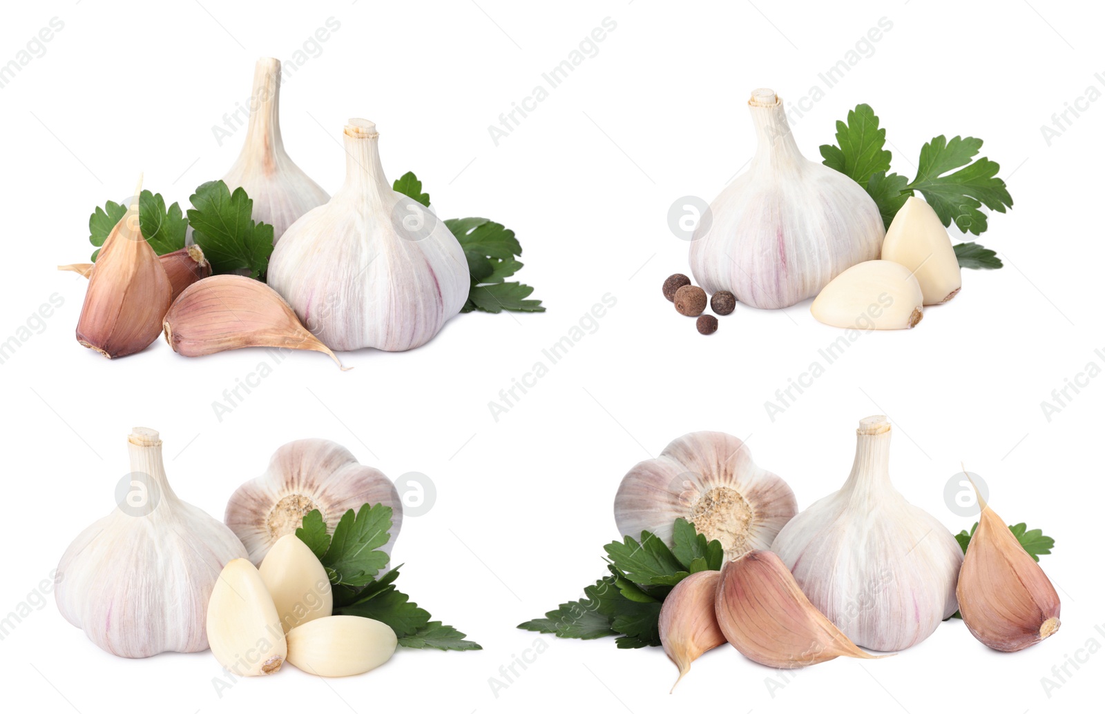 Image of Set with garlic bulbs and cloves on white background