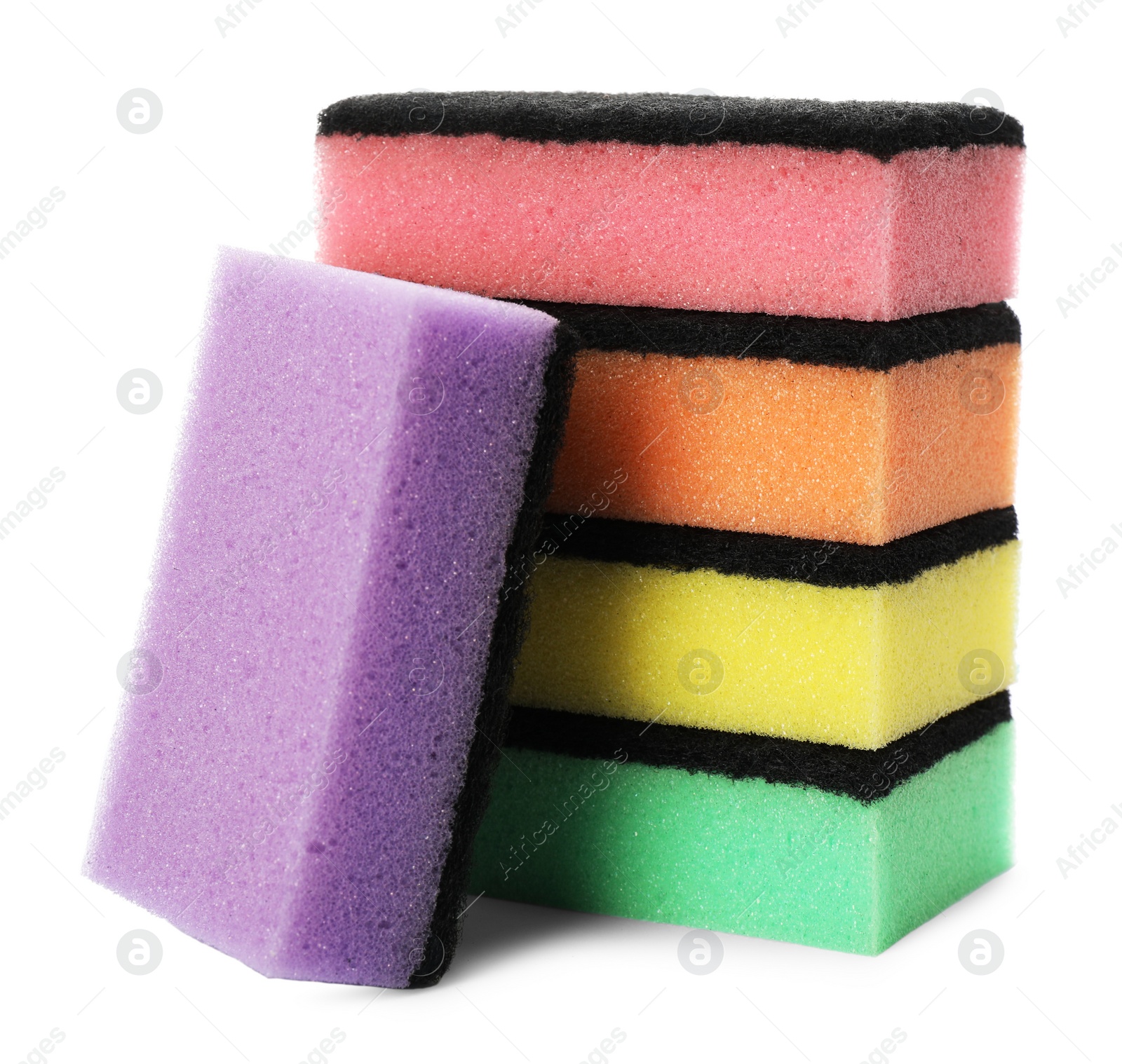 Photo of Bright cleaning sponges with abrasive scourers on white background
