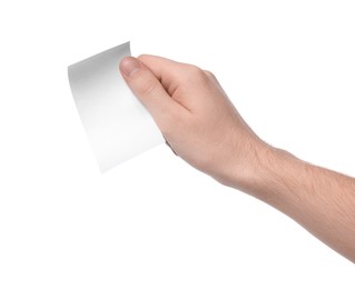 Photo of Man holding piece of blank thermal paper for receipt on white background, closeup