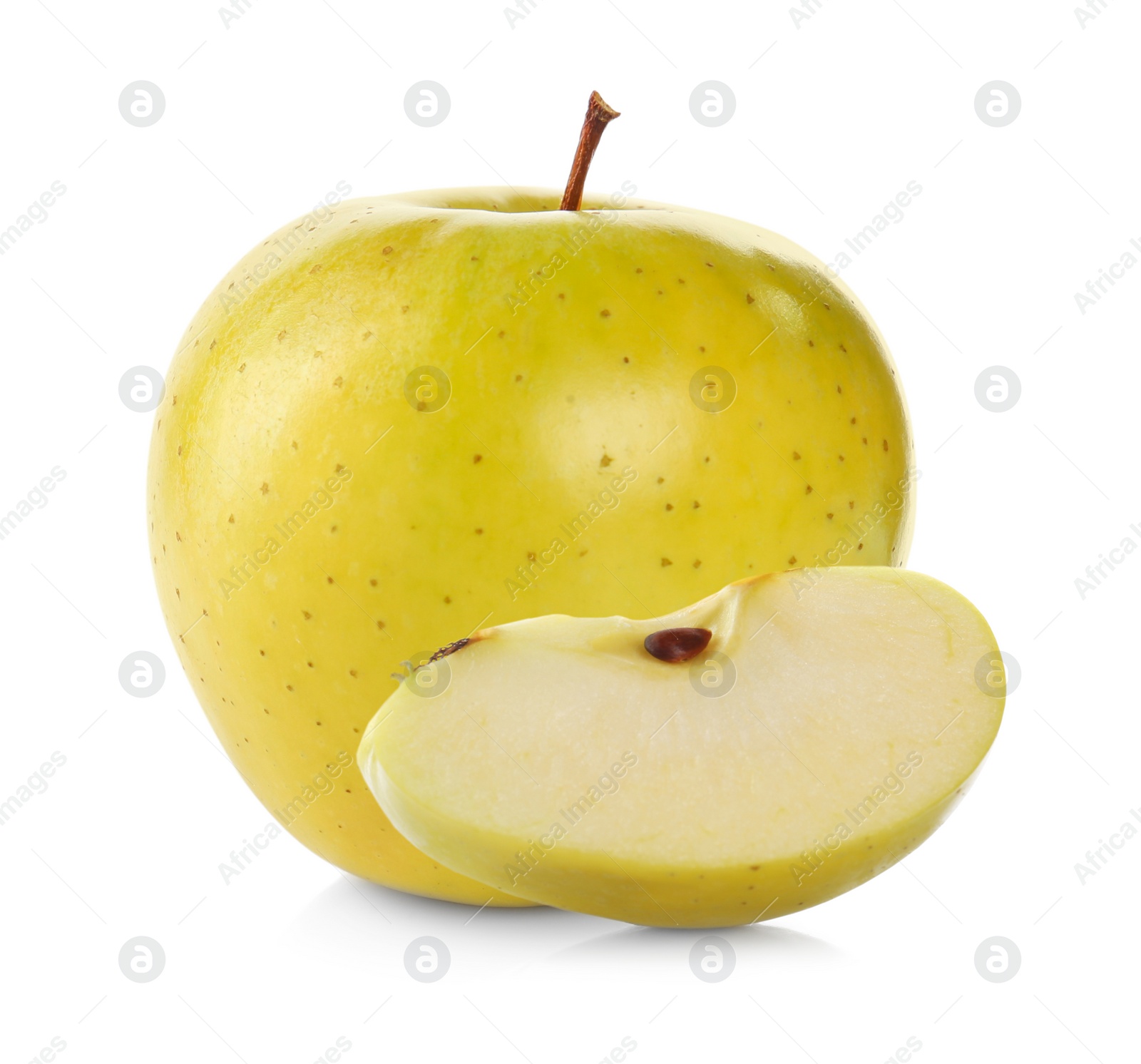 Image of Cut and whole yellow apples on white background