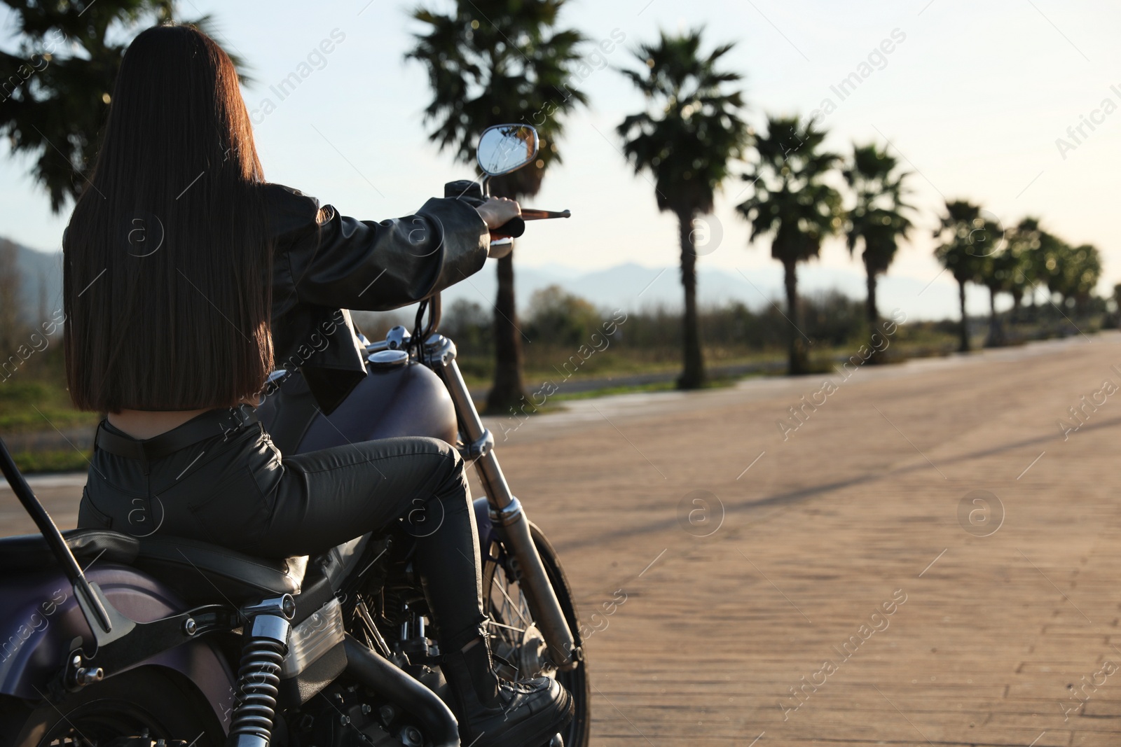 Photo of Woman riding motorcycle at sunset, back view. Space for text