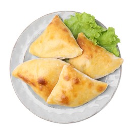 Delicious samosas and lettuce isolated on white, top view