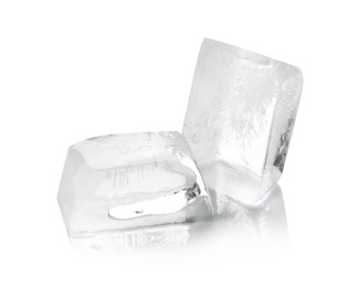 Photo of Transparent ice cubes melting on white background