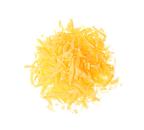 Photo of Pile of grated cheese on white background