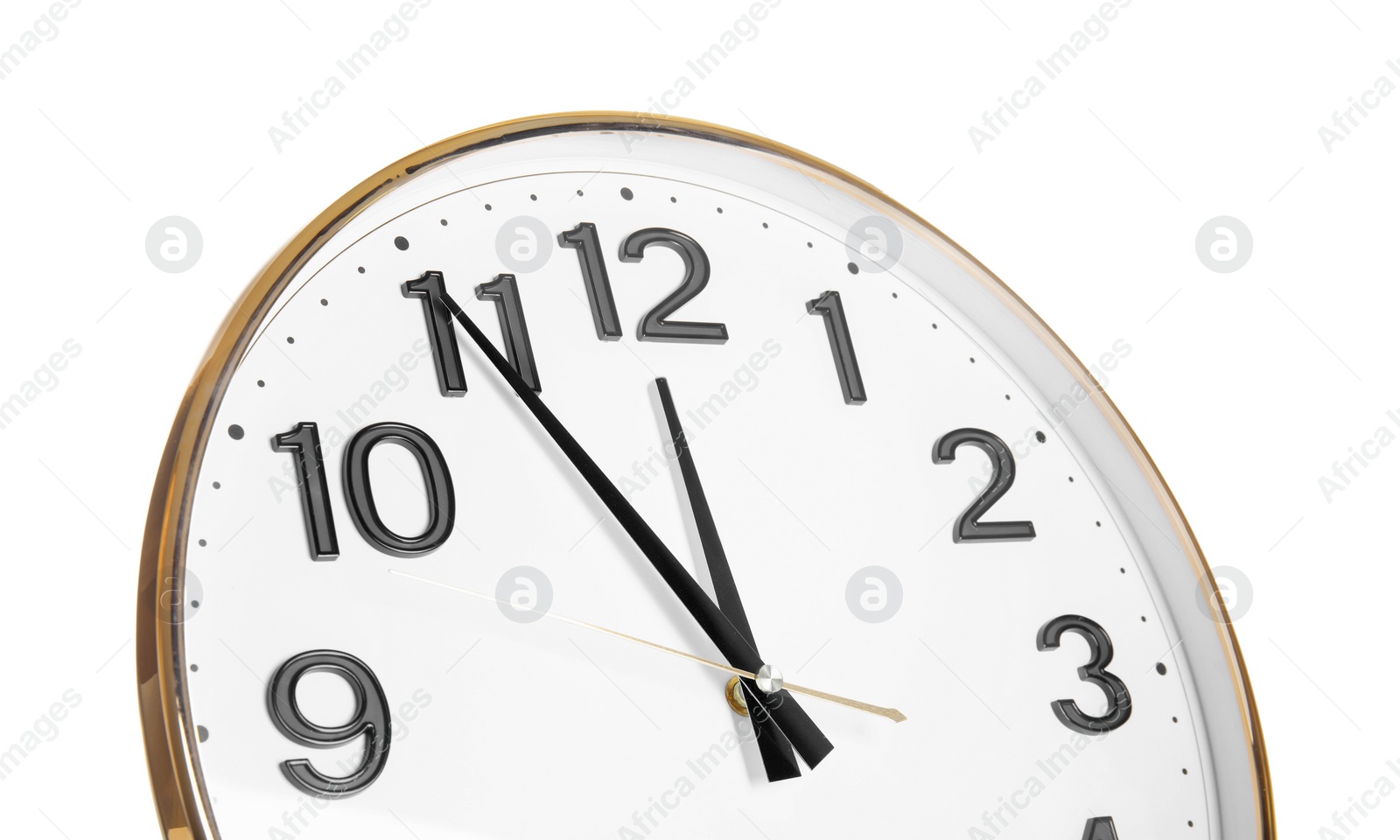 Photo of Clock showing five minutes until midnight on white background, closeup. New Year countdown