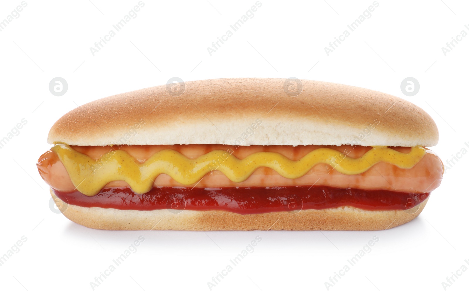 Photo of Tasty hot dog with ketchup and mustard on white background