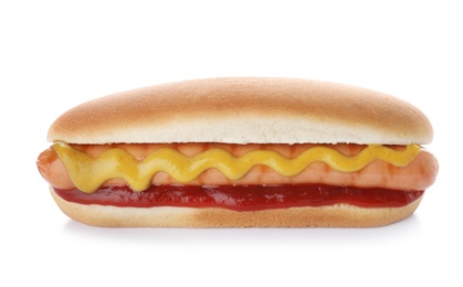 Photo of Tasty hot dog with ketchup and mustard on white background