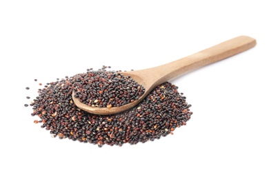 Photo of Pile of black quinoa and spoon on white background