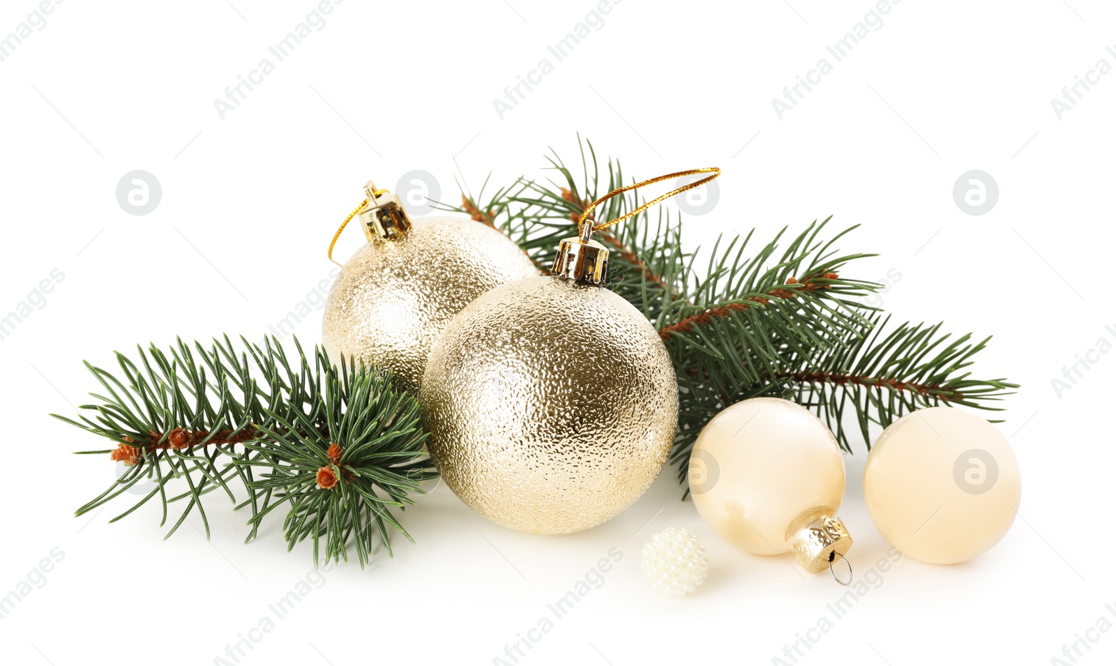 Photo of Beautiful Christmas balls and fir branch on white background