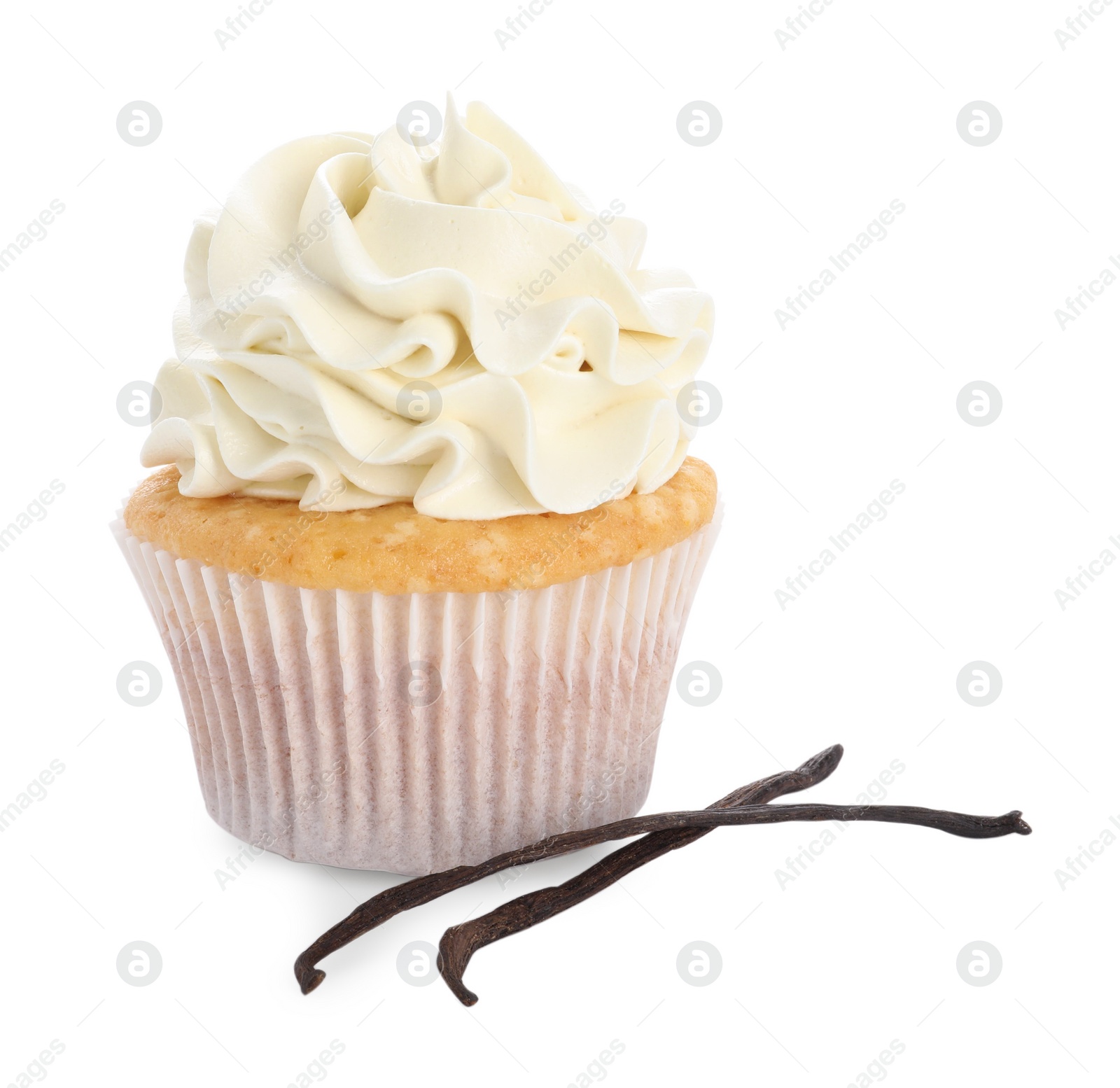 Photo of Tasty cupcake with cream and vanilla pods isolated on white