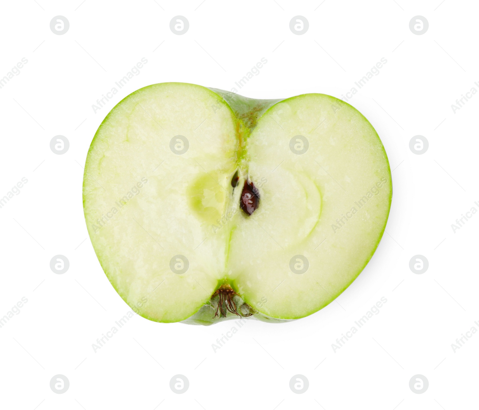 Photo of Half of ripe green apple on white background, top view