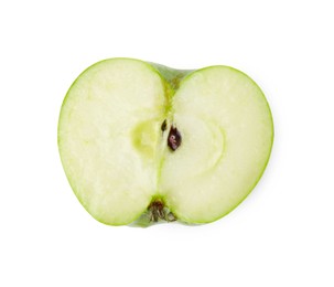 Half of ripe green apple on white background, top view