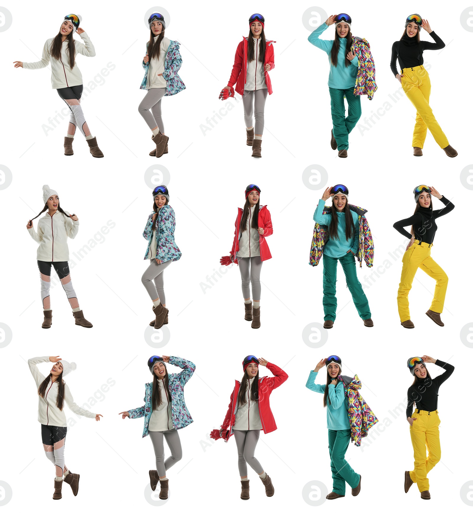 Image of Collage of woman wearing winter sports clothes on white background