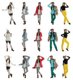 Image of Collage of woman wearing winter sports clothes on white background