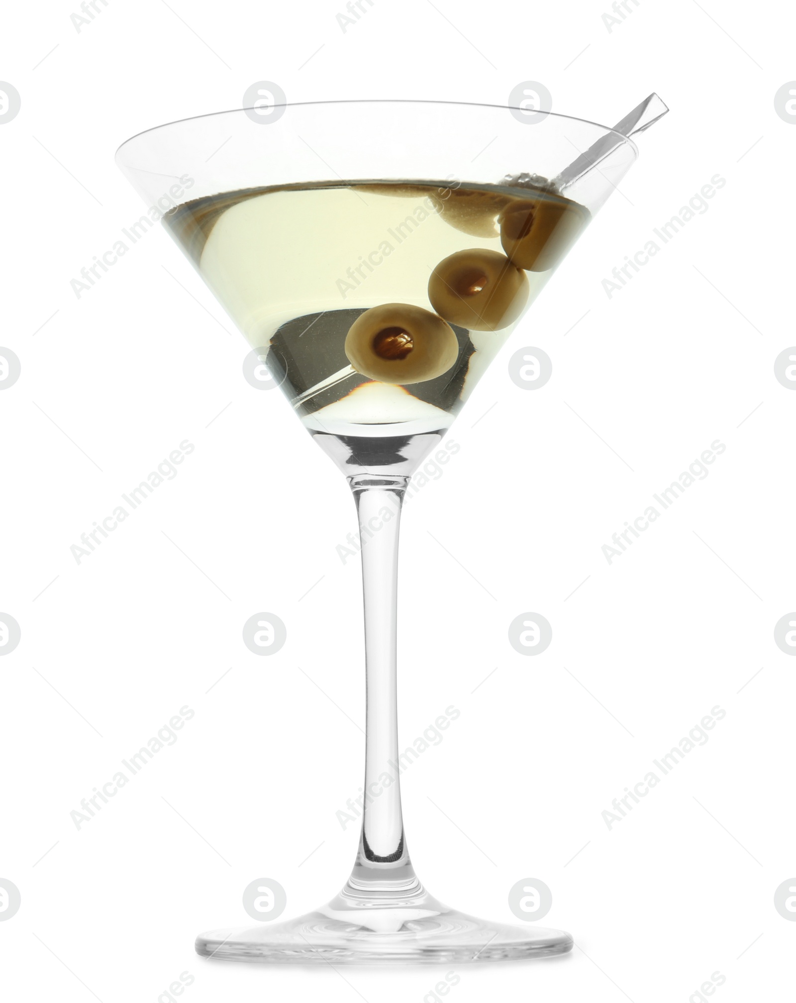 Photo of Glass of olive martini on white background