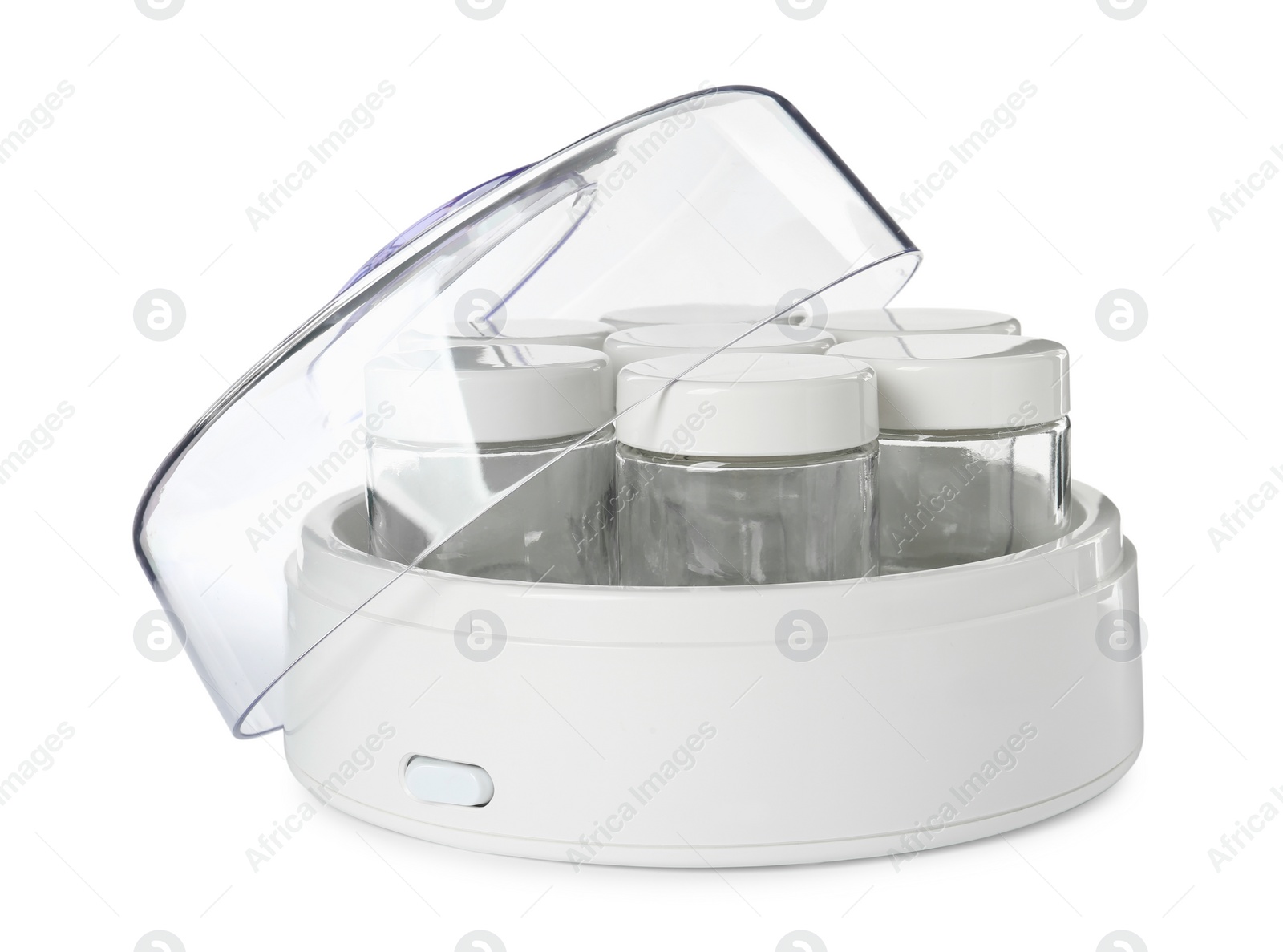 Photo of Modern yogurt maker with empty jars on white background