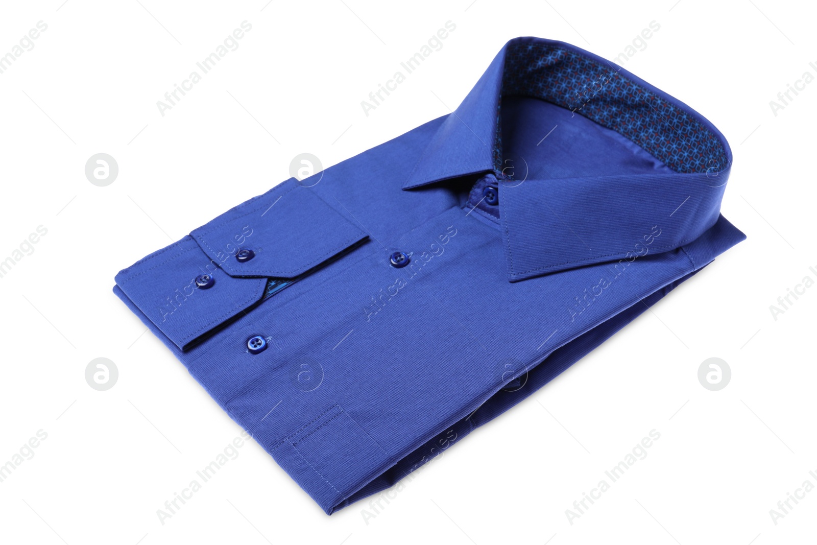 Photo of Stylish blue shirt isolated on white. Dry-cleaning service