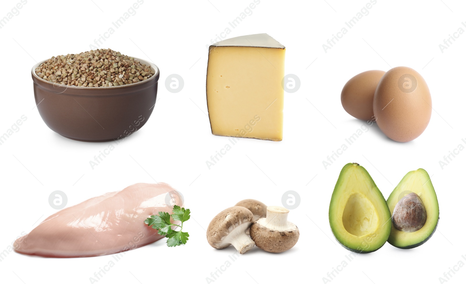 Image of Set with food rich in protein on white background