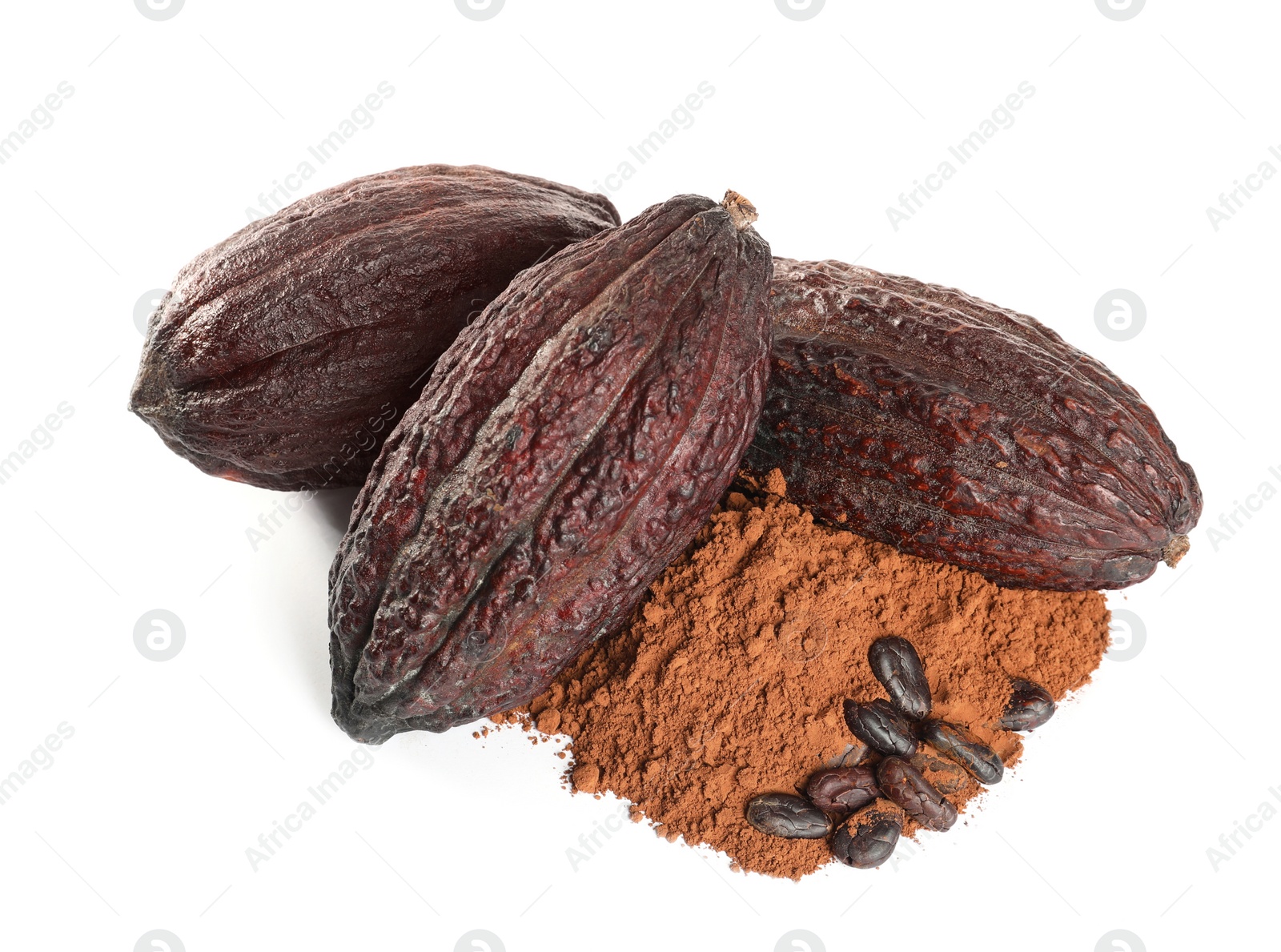 Photo of Whole cocoa pods, powder and beans on white background