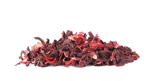 Pile of dry hibiscus tea isolated on white