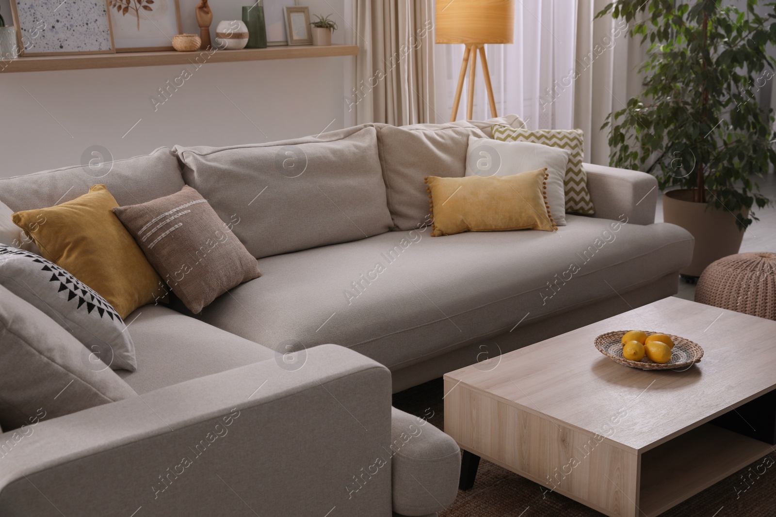 Photo of Stylish living room interior with comfortable grey sofa and coffee table