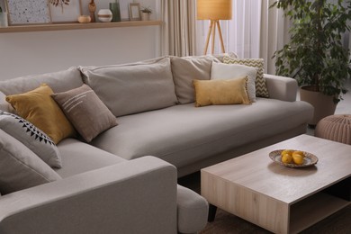 Stylish living room interior with comfortable grey sofa and coffee table