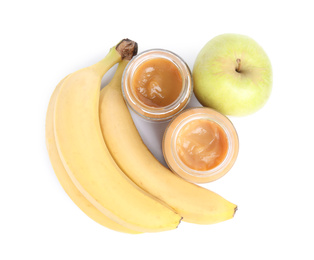 Photo of Healthy baby food in jars and fresh ingredients on white background, top view