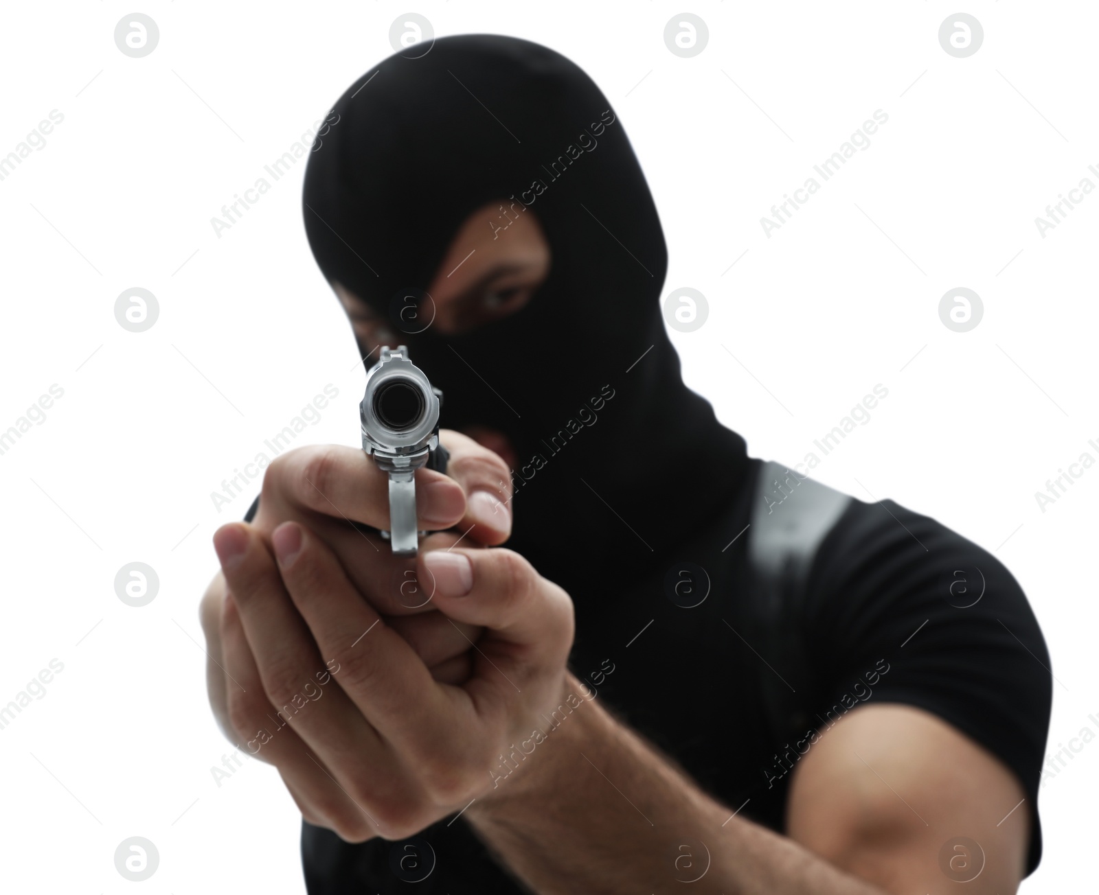 Photo of Professional killer with gun on white background