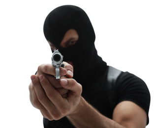 Photo of Professional killer with gun on white background