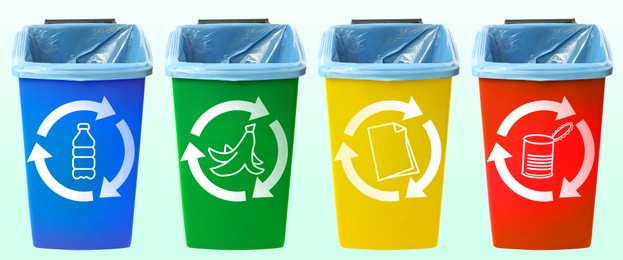 Waste sorting, banner design. Recycling bins with illustrations of different garbage types on light background